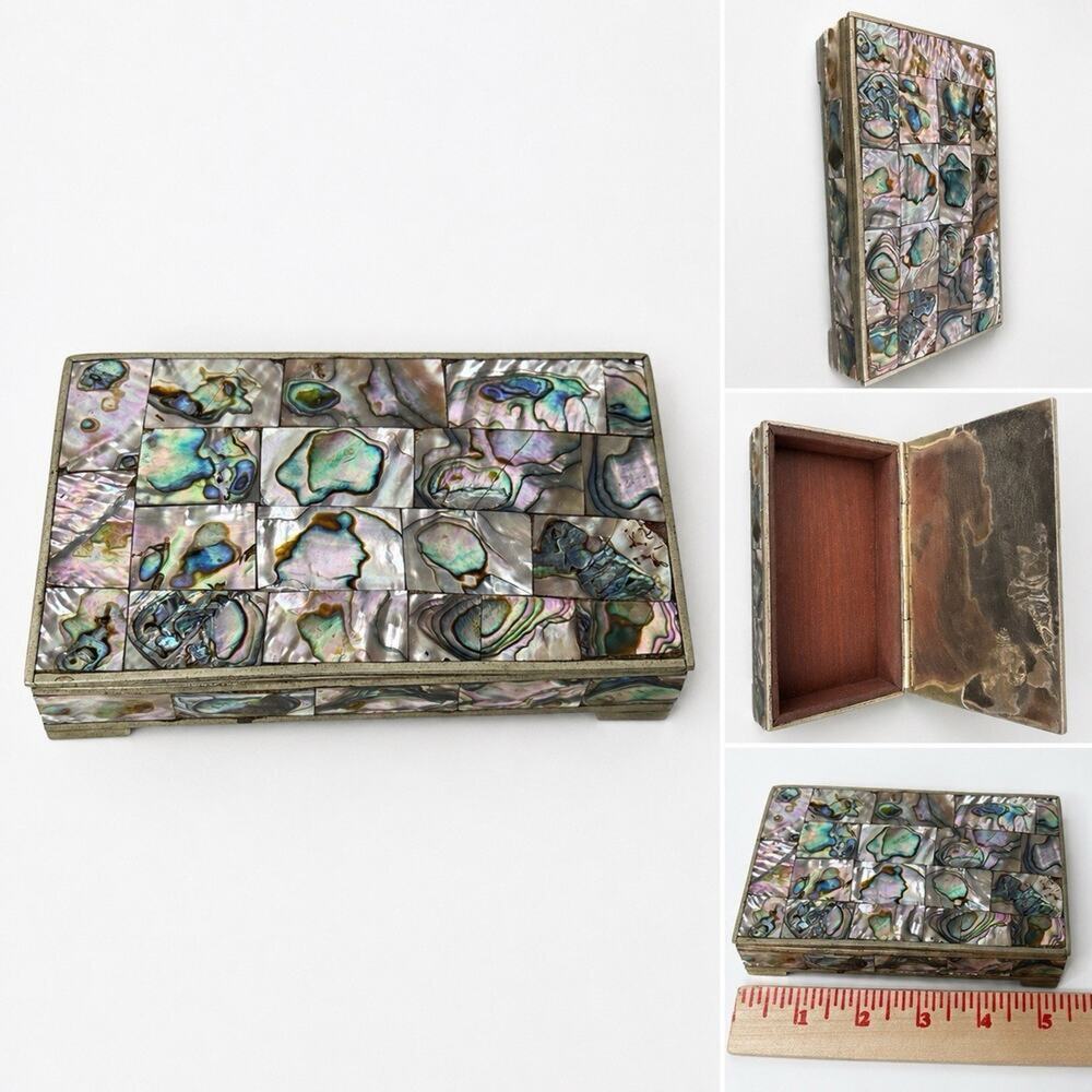 Vintage Alpaca Mexican ABALONE SHELL TRINKET BOX With Alloy Metals wood inlay 5"